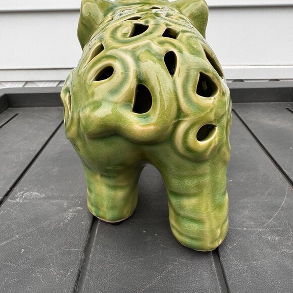 Carved Lace Crackle Finish Ceramic Green Elephant Statue Vintage Figurine - Picture 10 of 13